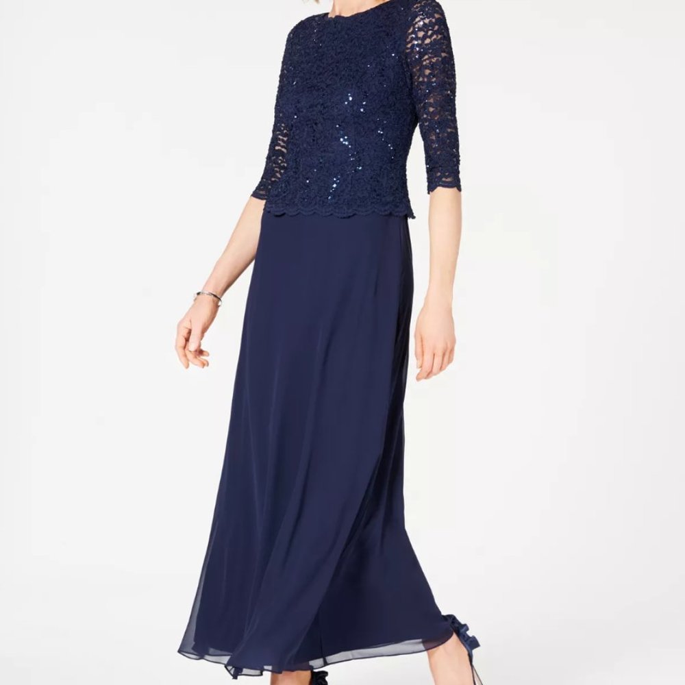 Alex Evenings 3/4 Sleeve Sequined Lace Navy Full Length Dress Size 16